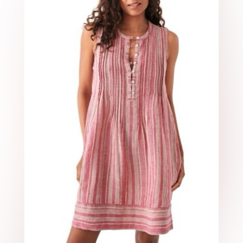 Faherty Isha Striped Mini Dress Tank 100% Linen Pink White Pockets Size XS EUC - Picture 3 of 11